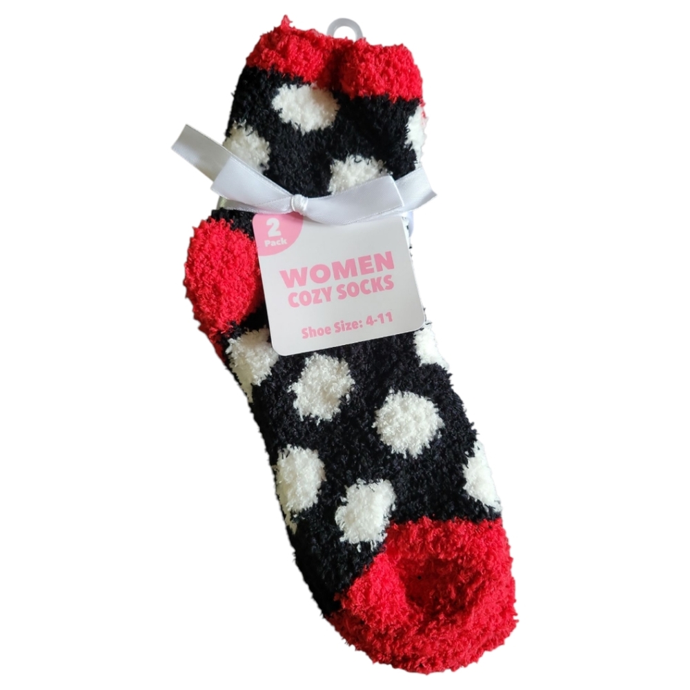 NWT 2 Pk Women Cozy Fleece Red Black (White Polka Dots) Socks Shoe Sz 4-11